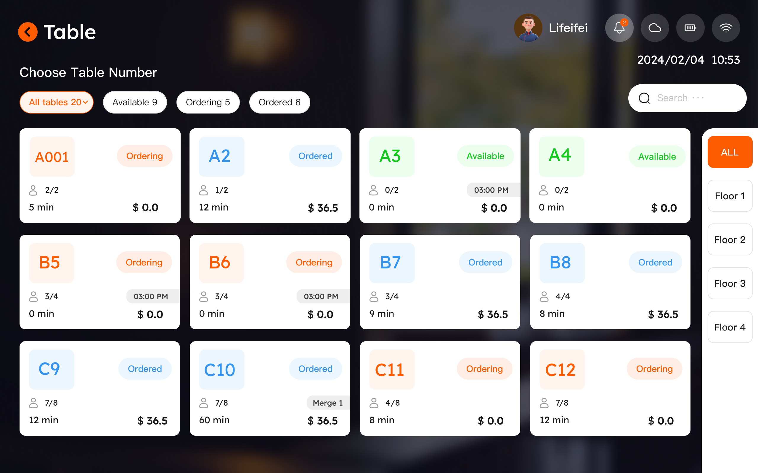 Table selection interface