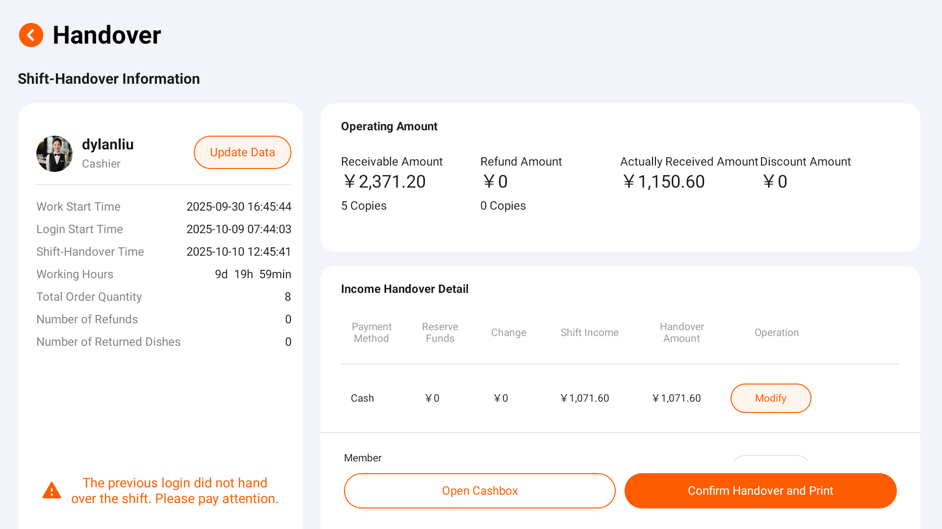 Shift report interface